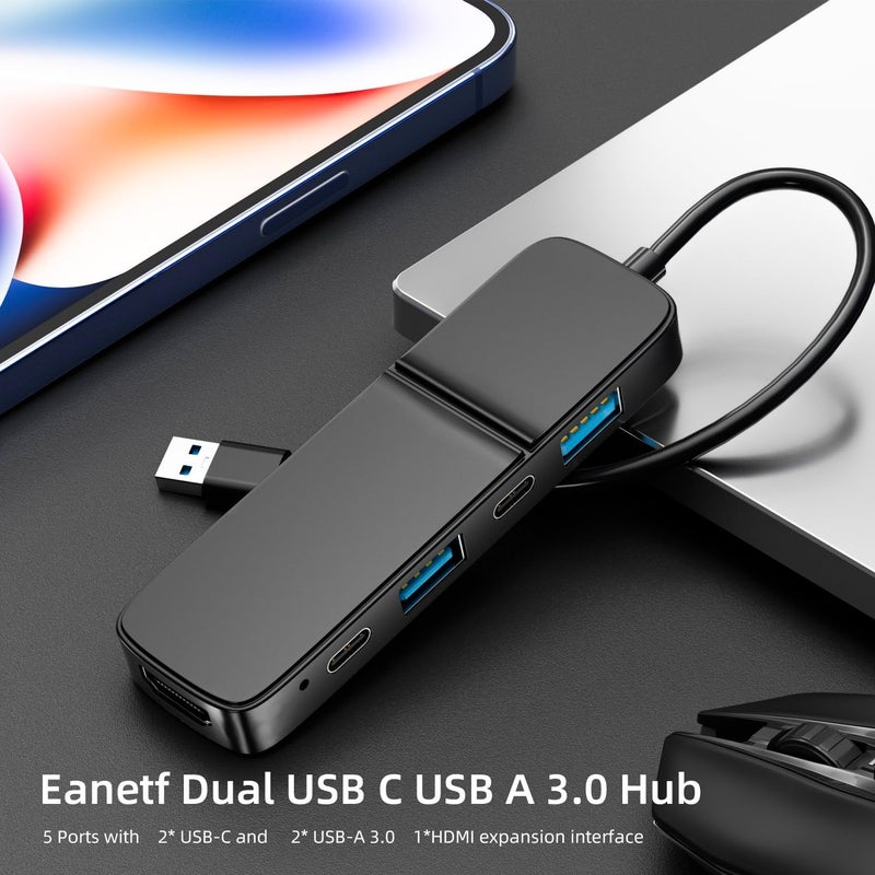 Eanetf USB to HDMI Adapter, Dual USB C USB A 3.0 Hub: 5 Ports with 2* USB-C and 2* USB-A and 1* HDMI Extend for TV,DVD Player,Projector,Monitor,Laptop,PS4,Flash Drive, HDD,Xbox, Printer etc - 5 in 1 - Image 3